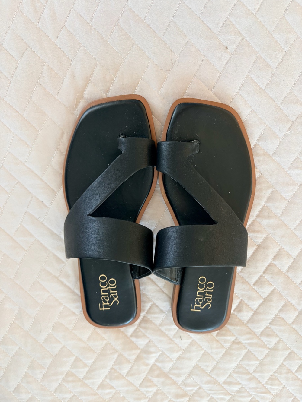 Franco Sarto Black Leather Slide Sandals with V-Strap